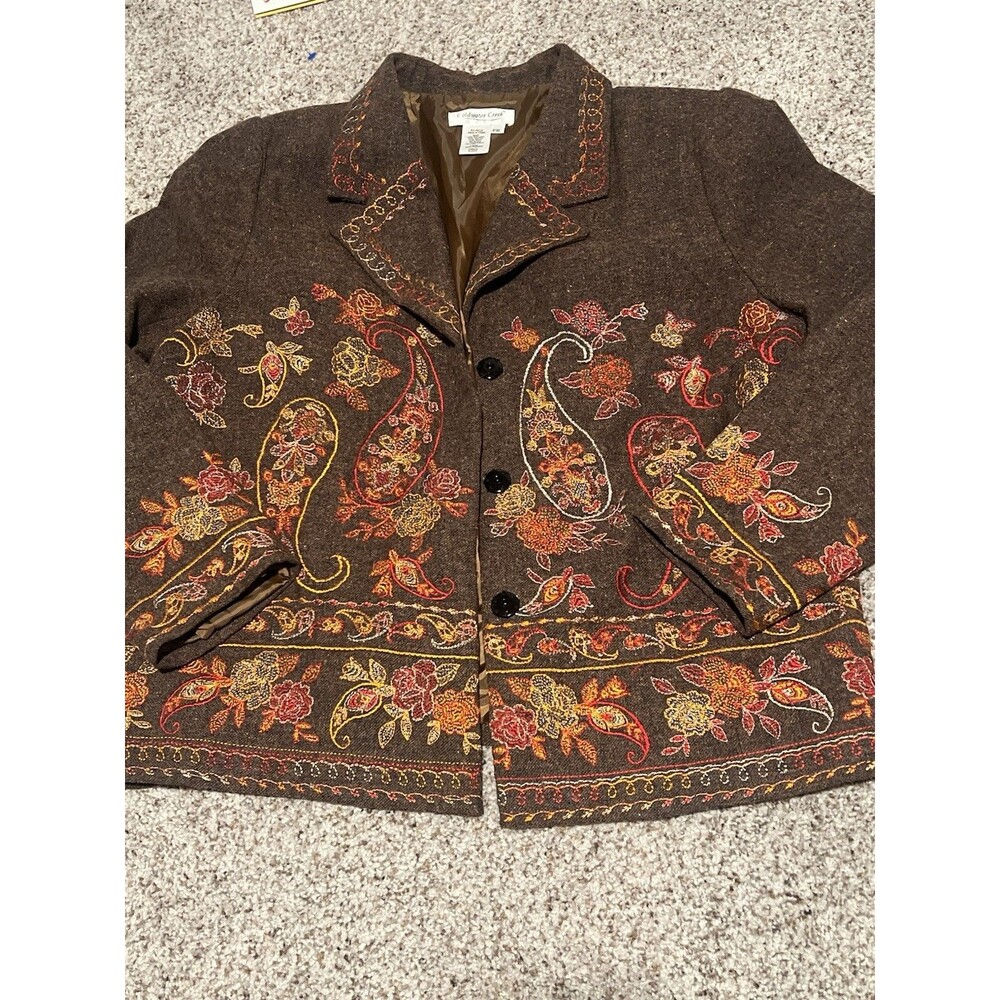 Coldwater Creek Floral Paisley Embroidery Tweed Blazer Size Petite XL Brown